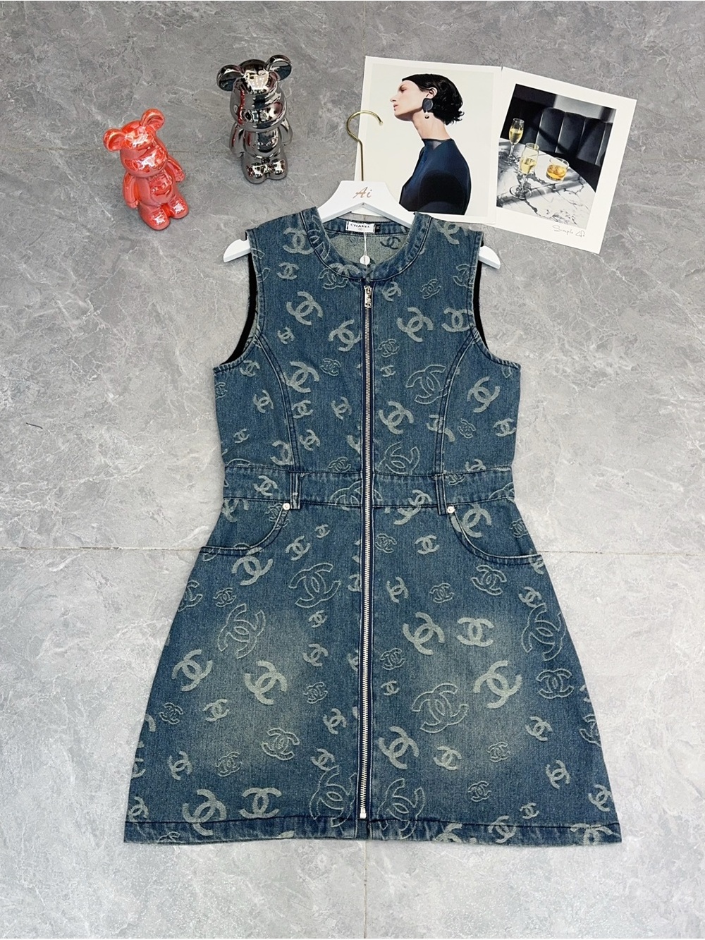 CHANEL Dark Blue Denim Logo Zip-Front Mini Dress with Gold-Tone Rope Belt - Picture 2 of 9